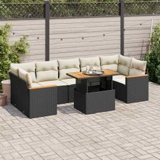 Salon de jardin avec coussins 7 pcs noir résine tressée acacia