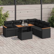 Salon de jardin avec coussins 7 pcs noir résine tressée acacia