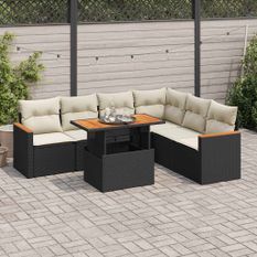 Salon de jardin avec coussins 7 pcs noir résine tressée acacia