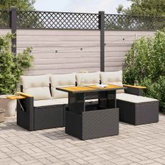 Salon de jardin avec coussins 7 pcs noir résine tressée acacia