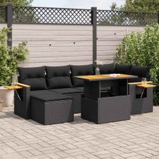 Salon de jardin avec coussins 7 pcs noir résine tressée acacia