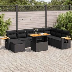 Salon de jardin avec coussins 7 pcs noir résine tressée acacia