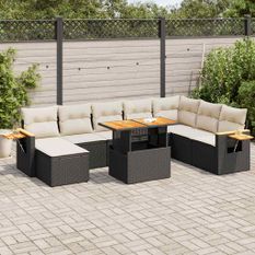 Salon de jardin avec coussins 7 pcs noir résine tressée acacia