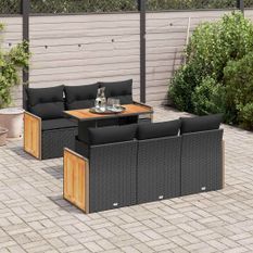 Salon de jardin avec coussins 7 pcs noir résine tressée acacia