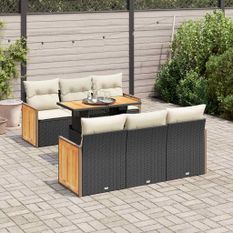 Salon de jardin avec coussins 7 pcs noir résine tressée acacia