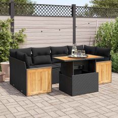 Salon de jardin avec coussins 7 pcs noir résine tressée acacia