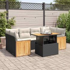 Salon de jardin avec coussins 7 pcs noir résine tressée acacia