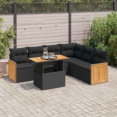 Salon de jardin avec coussins 7 pcs noir résine tressée acacia