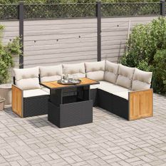 Salon de jardin avec coussins 7 pcs noir résine tressée acacia