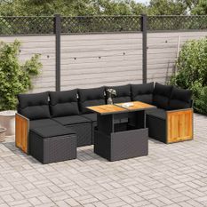 Salon de jardin avec coussins 7 pcs noir résine tressée acacia