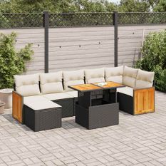 Salon de jardin avec coussins 7 pcs noir résine tressée acacia