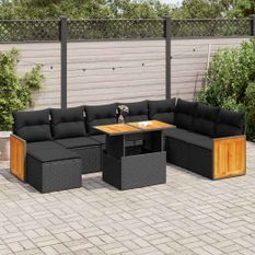 Salon de jardin avec coussins 7 pcs noir résine tressée acacia