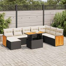 Salon de jardin avec coussins 7 pcs noir résine tressée acacia