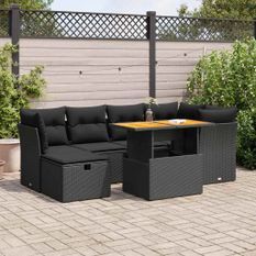 Salon de jardin avec coussins 7 pcs noir résine tressée acacia