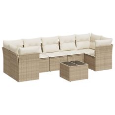Salon de jardin avec coussins 8 pcs beige résine tressée