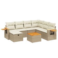 Salon de jardin avec coussins 8 pcs beige résine tressée