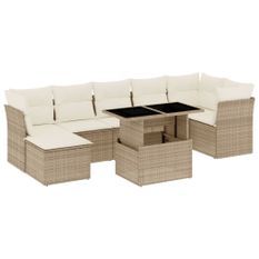 Salon de jardin avec coussins 8 pcs beige résine tressée