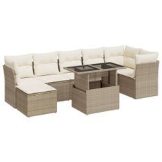 Salon de jardin avec coussins 8 pcs beige résine tressée