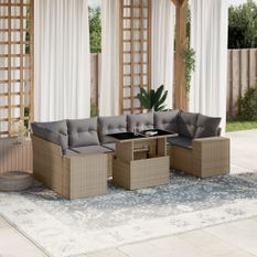 Salon de jardin avec coussins 8 pcs beige résine tressée