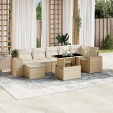 Salon de jardin avec coussins 8 pcs beige résine tressée