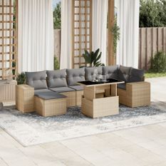 Salon de jardin avec coussins 8 pcs beige résine tressée