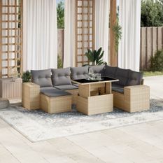 Salon de jardin avec coussins 8 pcs beige résine tressée