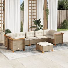 Salon de jardin avec coussins 8 pcs beige résine tressée