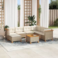 Salon de jardin avec coussins 8 pcs beige résine tressée