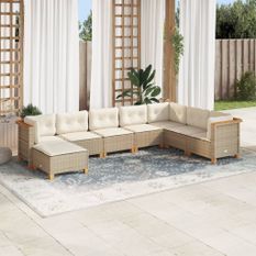 Salon de jardin avec coussins 8 pcs beige résine tressée