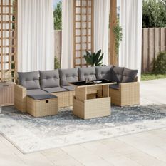 Salon de jardin avec coussins 8 pcs beige résine tressée