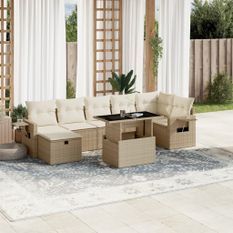 Salon de jardin avec coussins 8 pcs beige résine tressée