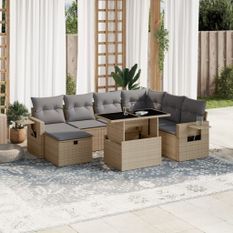 Salon de jardin avec coussins 8 pcs beige résine tressée