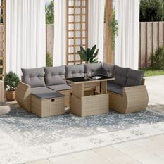 Salon de jardin avec coussins 8 pcs beige résine tressée