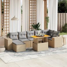 Salon de jardin avec coussins 8 pcs beige résine tressée