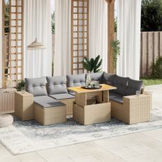 Salon de jardin avec coussins 8 pcs beige résine tressée