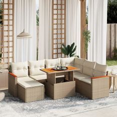 Salon de jardin avec coussins 8 pcs beige résine tressée