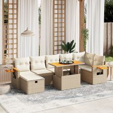 Salon de jardin avec coussins 8 pcs beige résine tressée