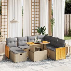 Salon de jardin avec coussins 8 pcs beige résine tressée