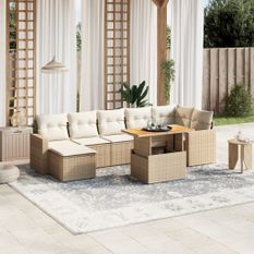 Salon de jardin avec coussins 8 pcs beige résine tressée