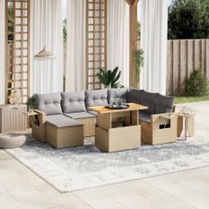 Salon de jardin avec coussins 8 pcs beige résine tressée