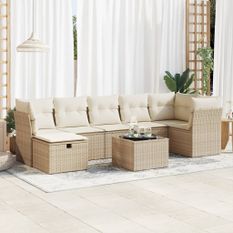 Salon de jardin avec coussins 8 pcs beige résine tressée