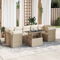 Salon de jardin avec coussins 8 pcs beige résine tressée