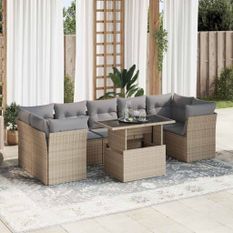 Salon de jardin avec coussins 8 pcs beige résine tressée