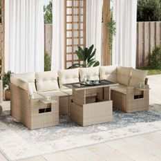 Salon de jardin avec coussins 8 pcs beige résine tressée