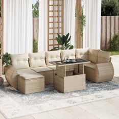 Salon de jardin avec coussins 8 pcs beige résine tressée