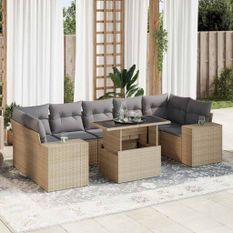 Salon de jardin avec coussins 8 pcs beige résine tressée