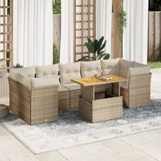 Salon de jardin avec coussins 8 pcs beige résine tressée