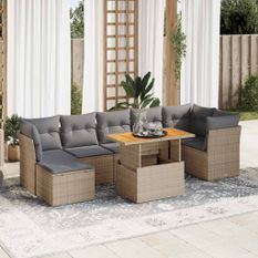 Salon de jardin avec coussins 8 pcs beige résine tressée