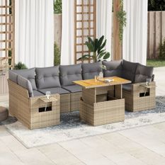 Salon de jardin avec coussins 8 pcs beige résine tressée