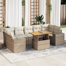 Salon de jardin avec coussins 8 pcs beige résine tressée